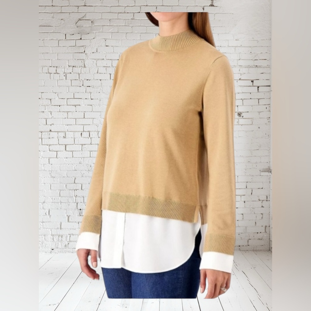 Isaac Mizrahi Mock Neck Tunic Sweater 2XP NWT | Tan White Soft Cotton Blend